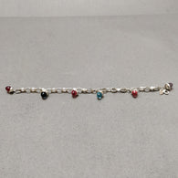 925 Sterling Silver Bracelet : 21.25gm Pink & Blue Rhinestone 6 Mini Bullets With Clasp Look Chain Bracelet 8.5