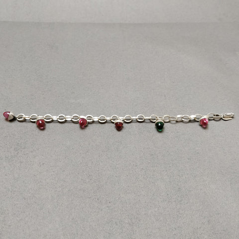 925 Sterling Silver Bracelet : 21.99gm Pink & Green Rhinestone 6 Mini Bullets With Clasp Look Chain Bracelet 8.5