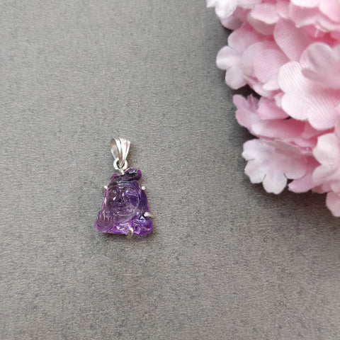 AMETHYST Gemstone 925 Sterling Silver Pendant : 3.96gms Natural Untreated Purple Amethyst Hand Carved Lord Shiva Prong Set Pendant 1
