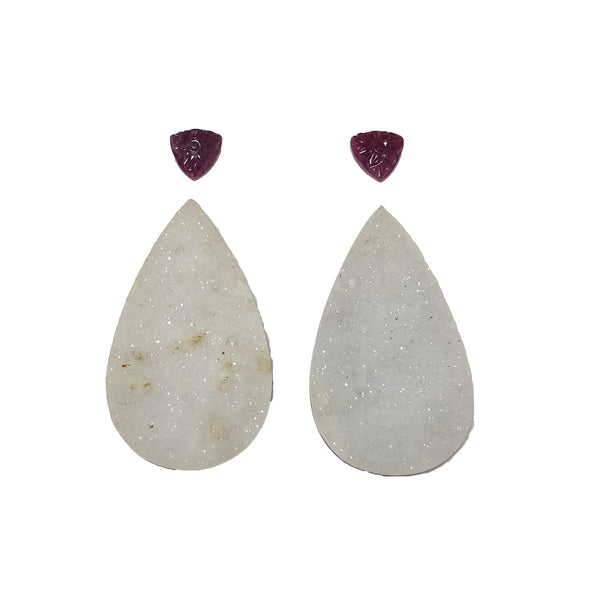 White Druzy & Red Ruby Gemstone Carving : 106.10cts Natural Untreated Rare Druzy Pear Triangle Shape 10mm - 50*28mm 4pcs