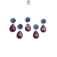 Ruby & Blue Sapphire Gemstone Rose Cut And Carving : 55.10ct Natural Untreated Ruby Sapphire Flower With Pear Shape 10mm - 16*12mm 10pcs Set