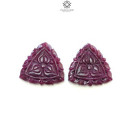 Red RUBY Gemstone Carving : 54.80cts Natural Untreated Unheated Ruby Floral Hand Carved Triangle Shape 28mm Pair
