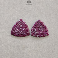 Red RUBY Gemstone Carving : 54.80cts Natural Untreated Unheated Ruby Floral Hand Carved Triangle Shape 28mm Pair
