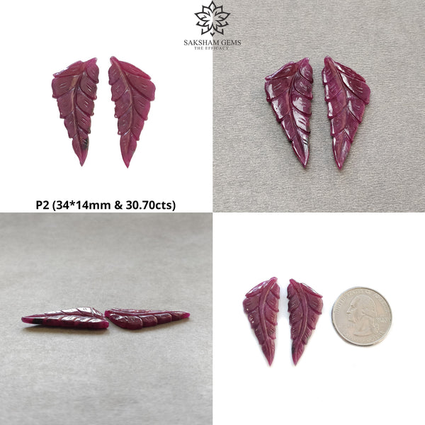 RUBY Gemstone Carving : Natural Untreated Unheated Red Ruby Hand Carved Leaf Pair