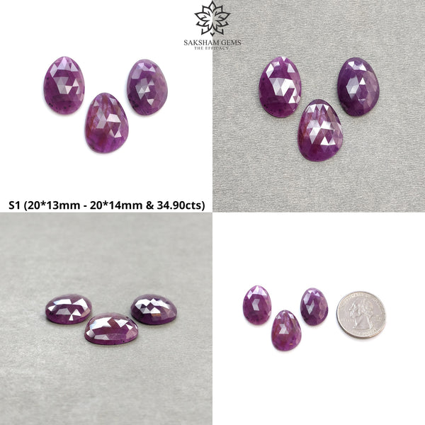 RUBY Gemstone Rose Cut : Natural Untreated Unheated Raspberry Purple Pink Ruby Egg Shape 3pcs Set