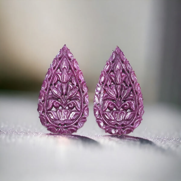 RUBY Gemstone Carving : 105.00cts Natural Untreated Unheated Red Ruby Hand Carved Pear Shape 53*29mm Pair