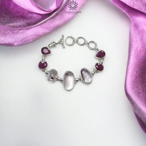 925 Sterling Silver Bracelet : Natural Purple AMETHYST & Glass Filled RED RUBY Gemstones Rhodium Plated Bezel Set Braclet 8