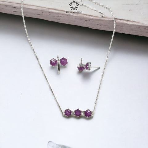 Raspberry Ruby Gemstone Jewelry Set : 9.50gms 925 Sterling Silver Natural Ruby Step Cut Rhodium Plated Prong Set Earrings Necklace Ring Set