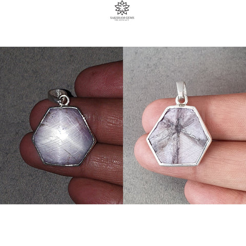 Sapphire Gemstone 925 Sterling Silver Pendant : 7.00gms Natural Untreated One Side Star & One Side Trapiche Hexagon Bezel Set Pendant 1.5