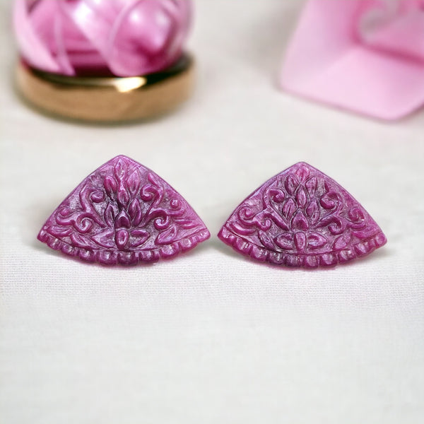 RUBY Gemstone Carving : 44.20cts Natural Untreated Unheated Red Ruby Hand Carved Triangle Shape 21*31mm Pair