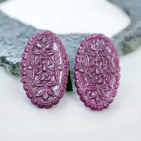 RUBY Gemstone Carving : 99.20cts Natural Untreated Unheated Red Ruby Hand Carved Oval Shape 53*26mm pair