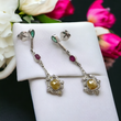 Ruby Sapphire Emerald & DIAMOND Gemstone Earring : 2.15" 925 Sterling Silver Natural Drop Dangle Push Back Bezel Set Earring for Gift