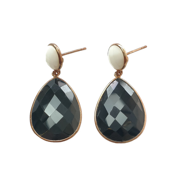 Black & White ONYX Gemstone With 925 Sterling Silver Earring: 7.44gms Natural Pear Round Shape Gold Plated Bezel Set Push Back Earring 1.60"