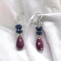 RUBY & Blue Sapphire Beads Earrings : 7.52gms Natural 925 Sterling Silver Drop Dangle Ear Wire Hook Beaded Earrings 1.85