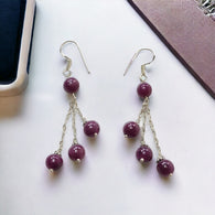 Ruby Gemstone 925 Sterling Silver Beaded Earrings : 8.27gms Natural Untreated Long Drop Dangle Ear Wire Hook Earrings 2.5