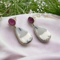 BOTSWANA AGATE & RUBY Gemstone Earrings : 9.09gms Natural 925 Sterling Silver Bi-Color Bezel Set Drop Dangle Push Back Earring 1.6