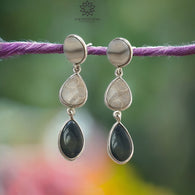 BOTSWANA AGATE Gemstone Earrings : 9.60gms Natural 925 Sterling Silver Bi-Color Bezel Set Drop Dangle Push Back Earring 2.5