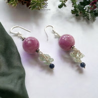 Beads Earring in Silver Zoisite RUBY & Emerald Gemstone: 12.33gms Natural Ruby Emerald 925 Silver Round Drop Dangle Hook Earrings 2.5