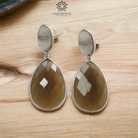 925 Sterling Silver Earring : 13.14gms Natural Agate & Rhinestone Checker Cut Pear Drop Dangle Bezel Set Push Back Earring 2