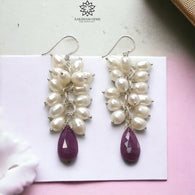 Beads Earring Ruby & Pearl Gemstone Silver Earring : 15.79gms Natural 925 Sterling Silver Drop Dangle Ear Wire Hook Beaded Earrings 2.5
