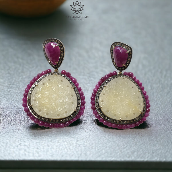 Ruby Yellow Sapphire & DIAMOND Gemstone Earring : 21.61gms 925 Sterling Silver Natural Drop Dangle Push Back Prong Set Earring 2.2"