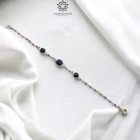 925 Sterling Silver Bracelet : 3.84gms Natural Blue Sapphire Gemstone Round Checker Cut Briolette Bezel Set Chain Bracelet 7.5
