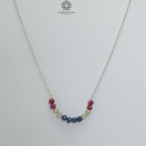 925 Sterling Silver Natural Blue Sapphire and Red Ruby Gemstones Beads Chain NECKLACE : 4.08gms Rose cut Beaded Necklace 18"