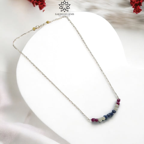 925 Sterling Silver Natural Blue Sapphire and Red Ruby Gemstones Beads Chain NECKLACE : 4.08gms Rose cut Beaded Necklace 18