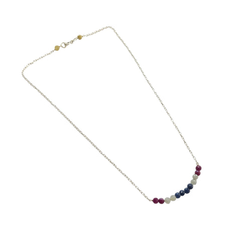 925 Sterling Silver Natural Blue Sapphire and Red Ruby Gemstones Beads Chain NECKLACE : 4.08gms Rose cut Beaded Necklace 18