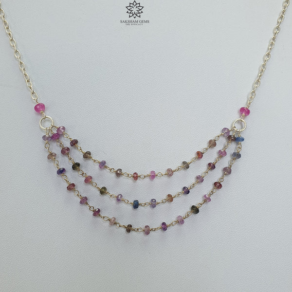 925 Sterling Silver Multi Sapphire Gemstones Beads Chain NECKLACE : 5.75gms Natural Sapphire Round Cut Faceted Beaded 3 Step Necklace 17"