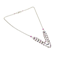 925 Sterling Silver Multi Sapphire Gemstones Beads Chain NECKLACE : 5.75gms Natural Sapphire Round Cut Faceted Beaded 3 Step Necklace 17