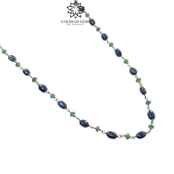 925 Sterling Silver Blue Sapphire And Green Emerald Natural Gemstones Oval Cut Beads 8.00gms NECKLACE Chain 18"