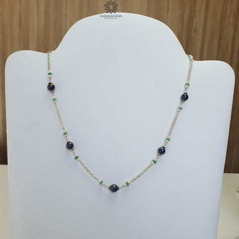 Blue Sapphire Green Emerald And White Pearl Natural Gemstones Round Beads 925 Sterling Silver 10.26gms NECKLACE Chain 18