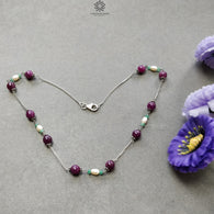 RUBY Gemstone Beaded NECKLACE : 11.19gms Natural Untreated Plain Round Shape Ruby & Pearl With 925 Sterling Silver 16
