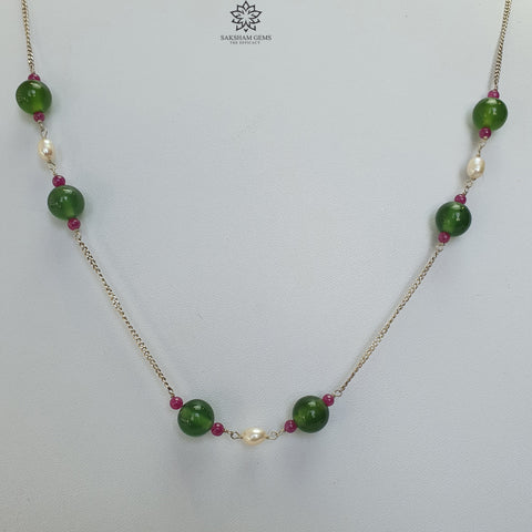 Green Serpentine & White Pearl Gemstones Beads Chain NECKLACE : 13.71gms 925 Sterling Silver Natural Plain Round Beaded Necklace 18