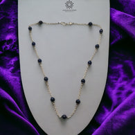 Blue Sapphire Gemstones Beads Chain NECKLACE : 13.82gms Natural Sapphire Cabochon 925 Sterling Silver Plain Beaded Necklace 19