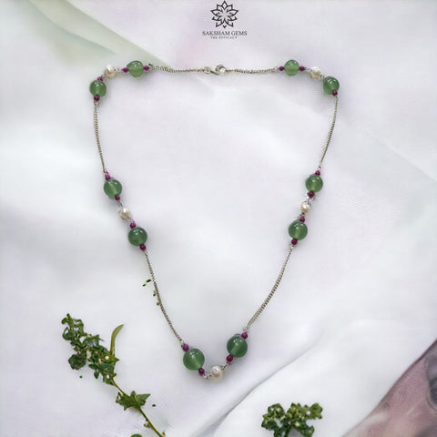 Green Serpentine & White Pearl Gemstones Beads Chain NECKLACE : 14.12gms 925 Natural Serpentine Plain Round Beaded Necklace 19