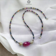 Ruby Multi Sapphire & Cat's Eye Necklace : 15.25gms Natural Untreated Sapphire 925 Sterling Silver Single Strand Faceted Beaded Necklace 19