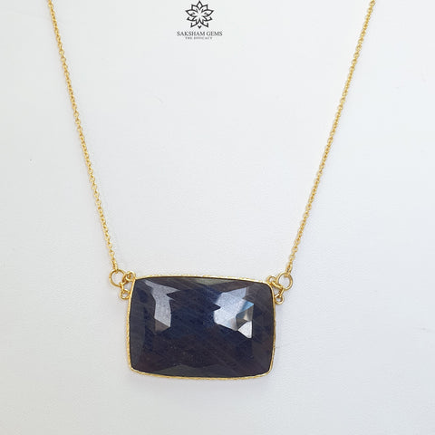 BLUE SAPPHIRE Gemstone Necklace : 17.35 Natural Sapphire Rose Cut 925 Sterling Silver Yellow Gold Plated Chain Necklace For Women 20