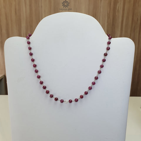 RUBY Gemstone With 925 Sterling Silver Beaded NECKLACE : 17.72gms Natural Untreated Plain Round Shape Beaded Necklace 19