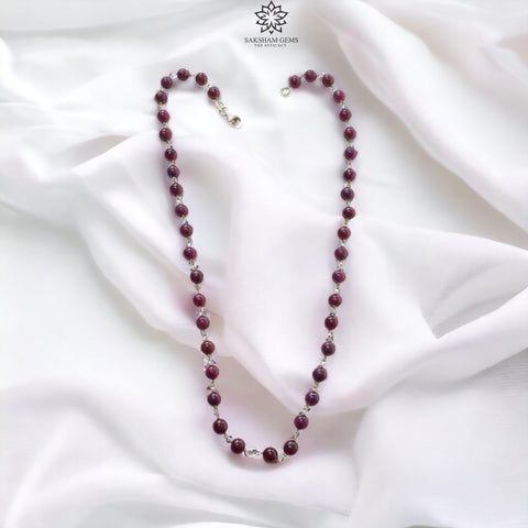 RUBY Gemstone With 925 Sterling Silver Beaded NECKLACE : 17.76gms Natural Untreated Plain Round Shape Beaded Necklace 17