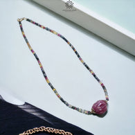 Ruby & Multi Sapphire Necklace : 18.00gms Natural Sapphire 925 Sterling Silver Single Strand Faceted Beaded Necklace 16