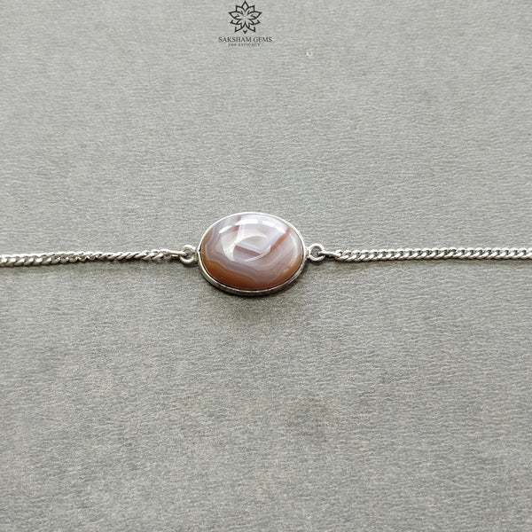 925 Sterling Silver Bracelet : 4.38gms Natural Agate Gemstone Plain Oval Shape Bezel Set Chain Bracelet 8"