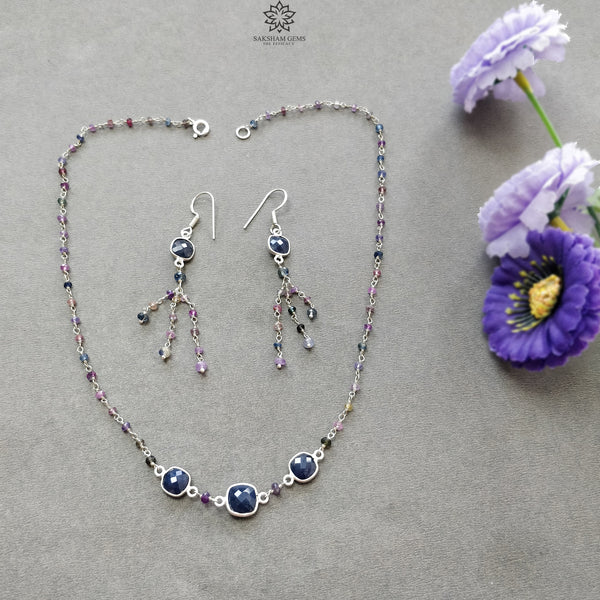 925 Sterling Silver Jewelry : 9.05gms Natural Untreated Blue & Multi SAPPHIRE Gemstone Beads Necklace Drop Dangle Earring Jewelry Set