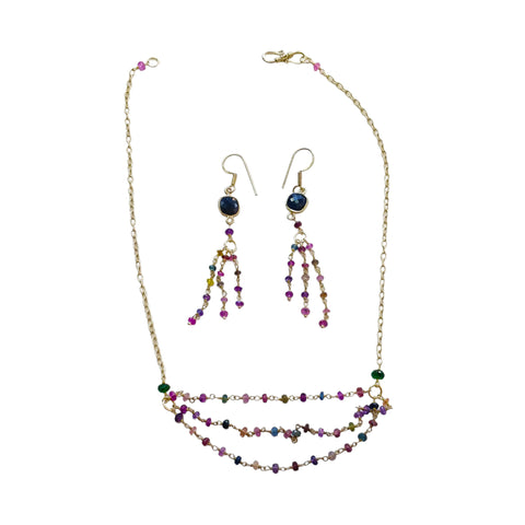 925 Sterling Silver Jewelry : 9.26gms Natural Untreated Blue & Multi SAPPHIRE Gemstone Beads Necklace Drop Dangle Earring Jewelry Set
