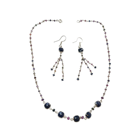 925 Sterling Silver Jewelry : 9.66gms Natural Untreated Blue & Multi SAPPHIRE Gemstone Beads Necklace Drop Dangle Earring Jewelry Set