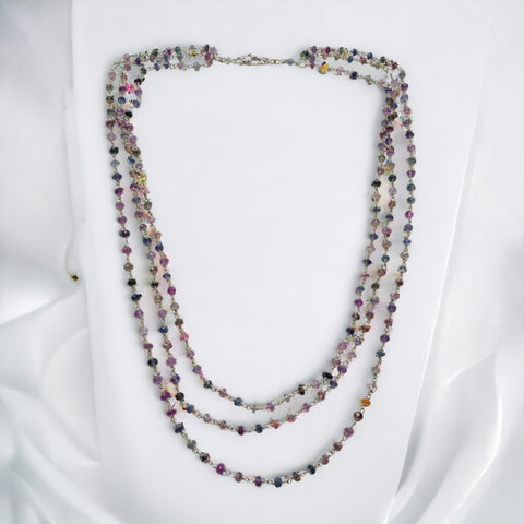 925 Sterling Silver Multi Sapphire Gemstones Beads NECKLACE : 20.04gms Natural Sapphire Faceted Beaded 3 Steps Necklace 20.5