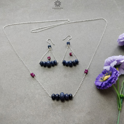 Sapphire & Ruby Beads Necklace And Earring : 26.27gms 925 Silver Natural Untreated Gemstone Beads Necklace Drop Dangle Earring Jewelry Set