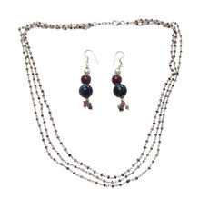 Ruby & Multi Sapphire Necklace And Earring Set : 27.15gms Natural Untreated Round Shape Beaded 925 Sterling Silver Earrings Necklace Set