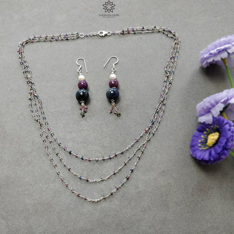 Ruby & Multi Sapphire Necklace And Earring Set : 27.15gms Natural Untreated Round Shape Beaded 925 Sterling Silver Earrings Necklace Set